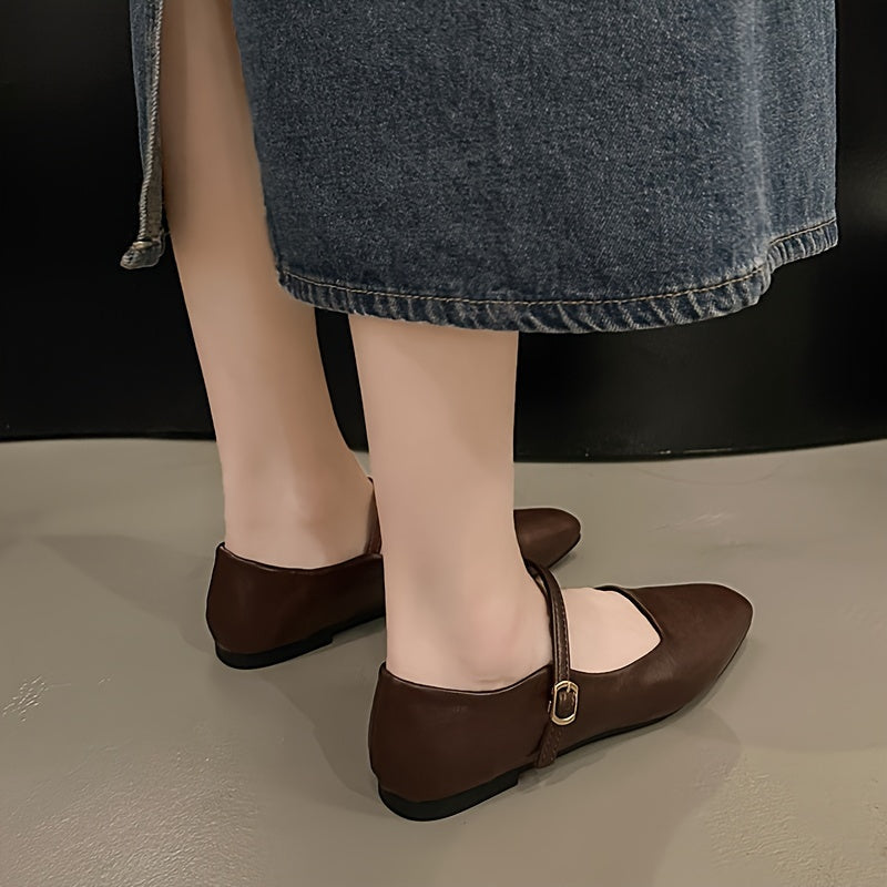 Women's Leather Ballet Flats – Square Toe Single Strap with Gold-Tone Pin Buckle