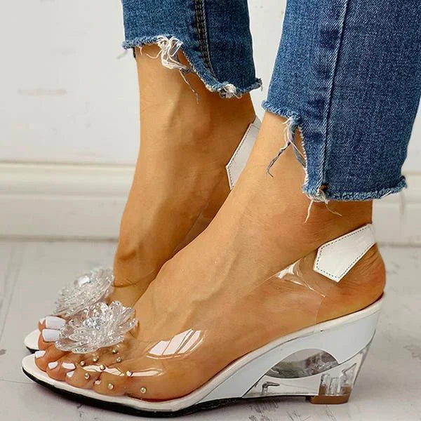 Women's Clear Wedge Sandals – Open Toe Slingback with Flower Crystal Detail