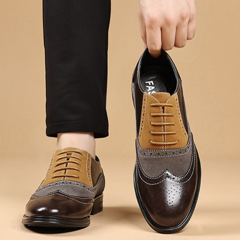 Men's Leather Wingtip Brogue Oxford Shoes - Lace-Up Rubber Sole