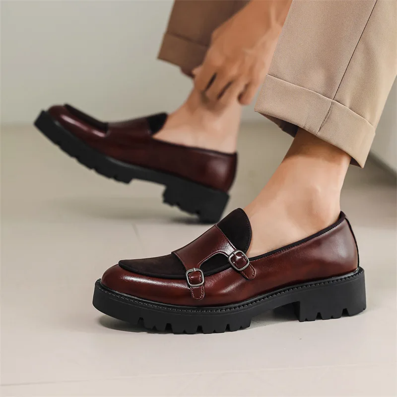 Men's Double Monk Strap Loafers - Platform Lug Sole - Round Toe