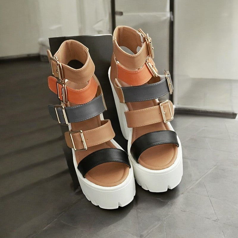 Women’s Chunky Platform Sandals with Multi Strap Buckle Design