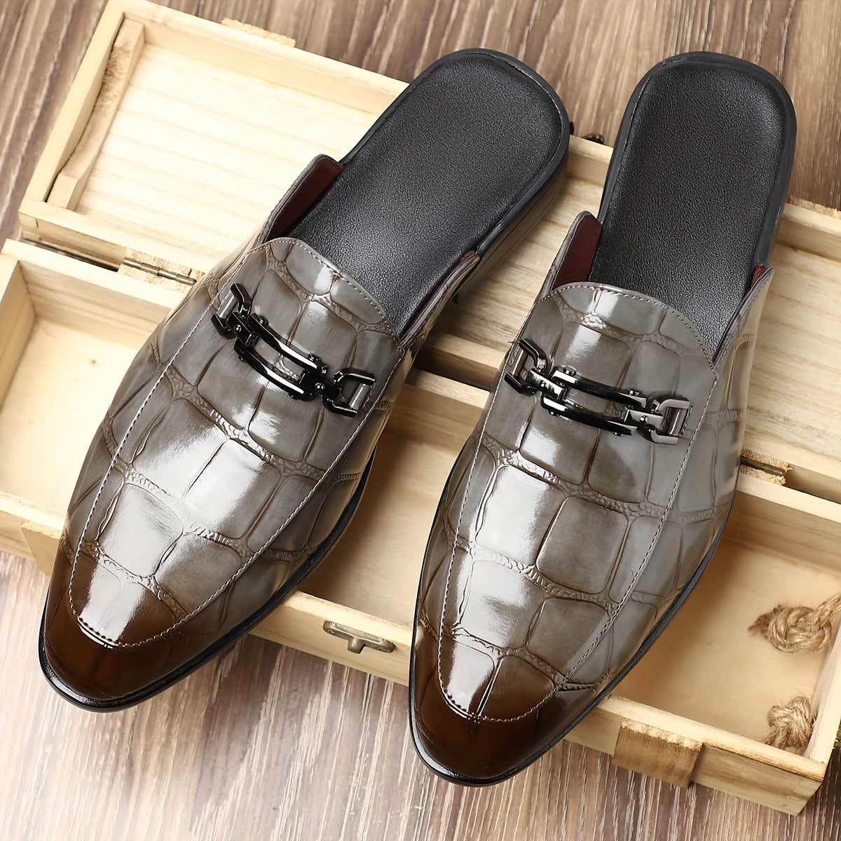 Men’s Mule Loafers with Croc Pattern - Slip-On Backless Design - Metal Bit Detail