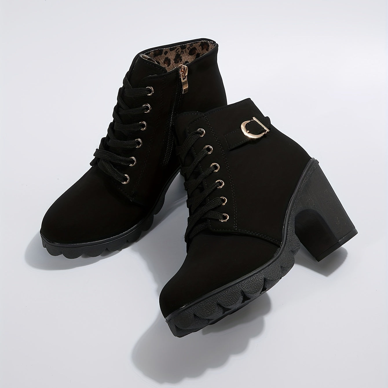 Women's Ankle Boots - Block Heel - Lace-Up - Side Zipper - Buckle Detail