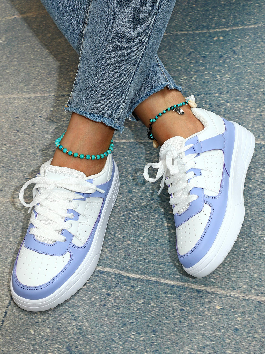 Women's Lace-Up Platform Sneakers - Low Top - Perforated Panel - Chunky Sole