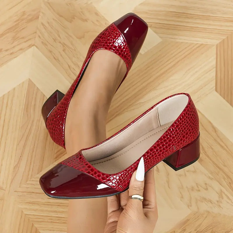Women's Croc-Embossed Slip-On Pumps with Cap Toe and Block Heel