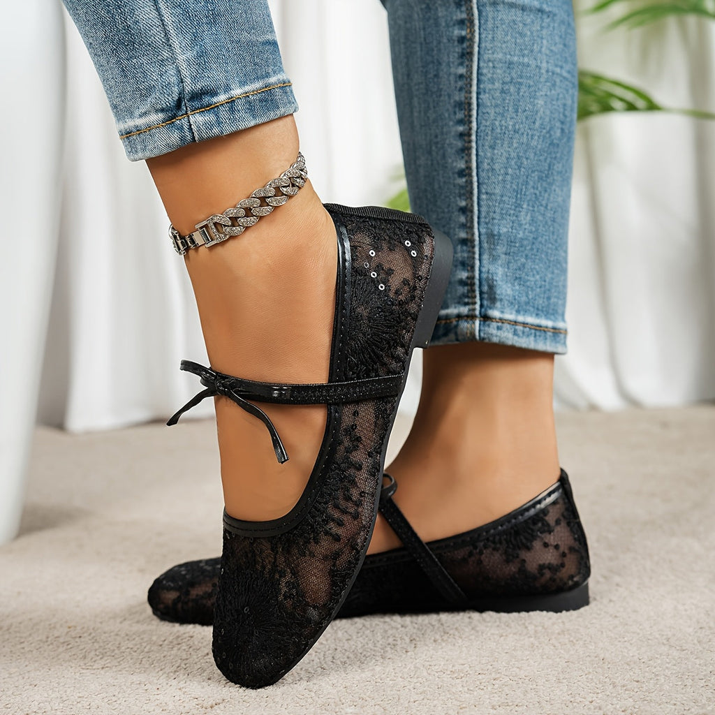 Women’s Mesh Mary Jane Flats - Sheer Panel Design - Bow Detail - Flat Sole