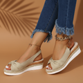 Women's Peep Toe Wedge Sandals - Knotted Vamp - Slingback Buckle Strap - Espadrille Platform Sole