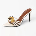 Women's Pointed Toe Strappy Heeled Mules - Gold Metal Flower Stiletto