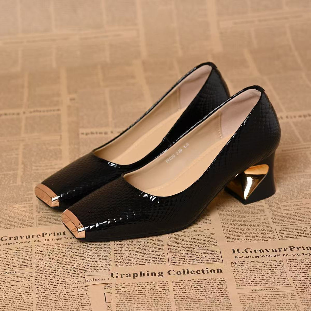 Women's Croc-Embossed Slip-On Pumps with Metal Cap Toe and Sculpted Heel
