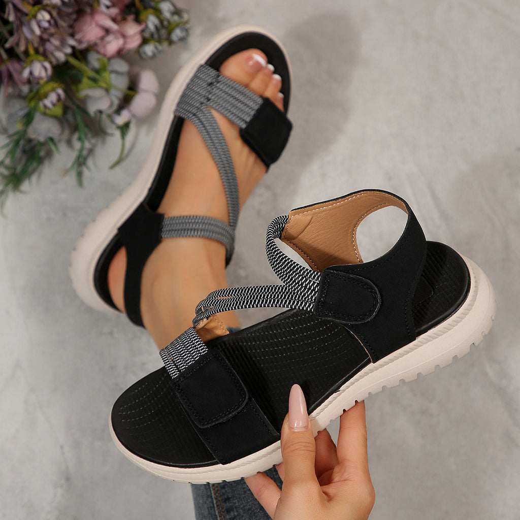 Women's Strappy Flat Sandals - Open Toe - Elastic Strap - Velcro - Lug Sole