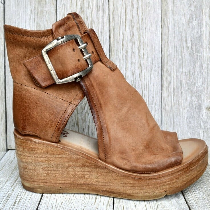 Women's Open Toe Wedge Sandals - Buckle Closure - Platform Ankle
