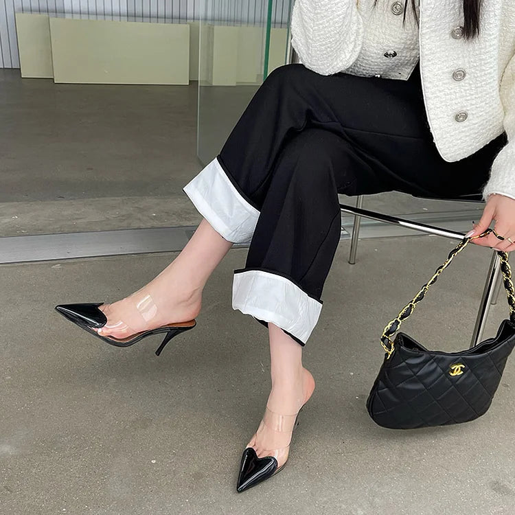 Women's Pointed Toe Clear Mule Heels - Heart Detail Stiletto Slip-On