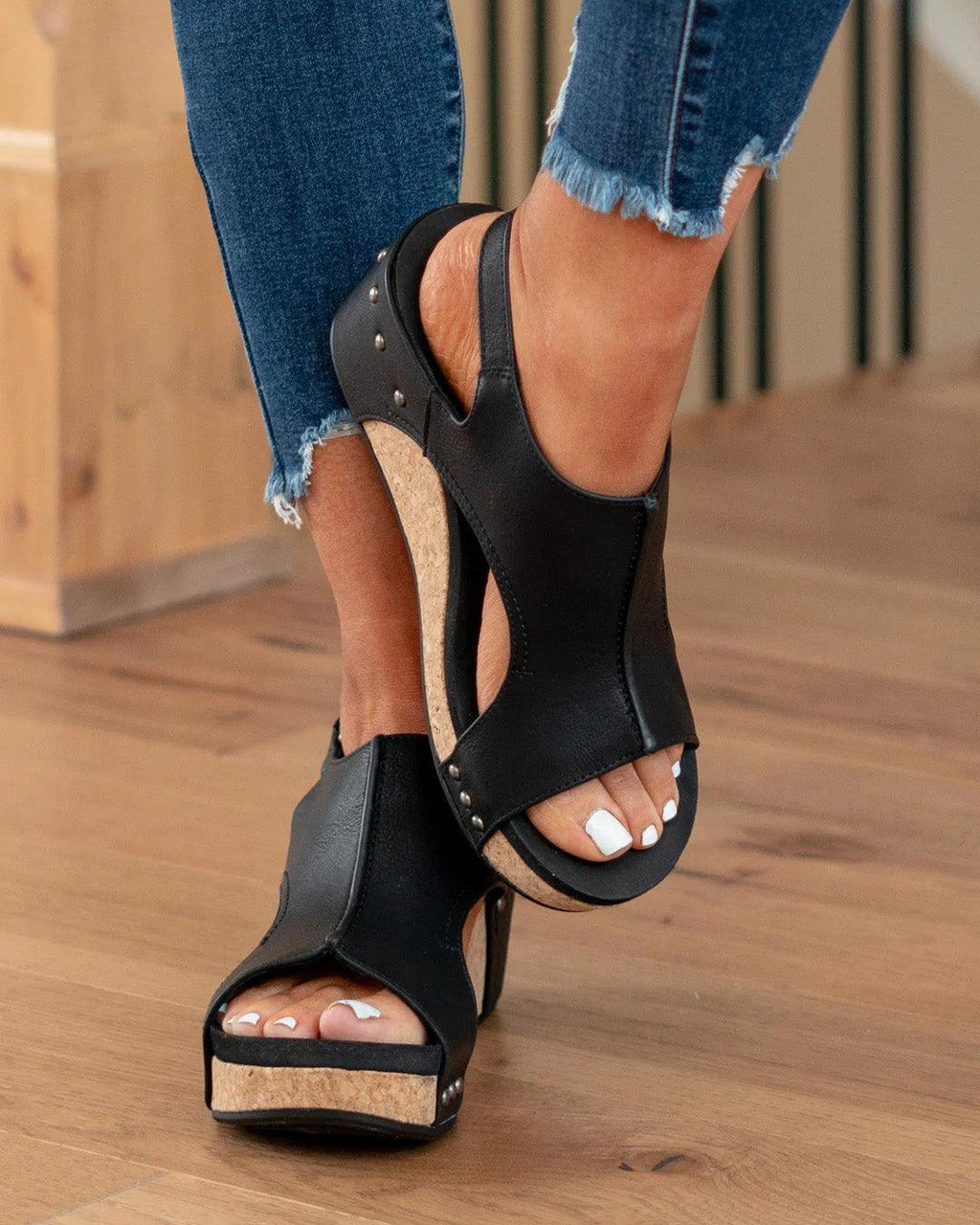 Women’s Open Toe Wedge Sandals with Cut Out Upper and Cork Effect Sole