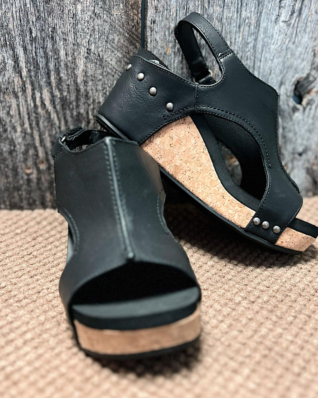 Women’s Open Toe Wedge Sandals with Cut Out Upper and Cork Effect Sole