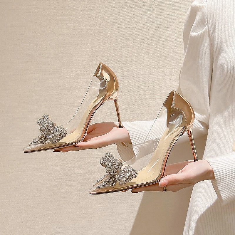 Women's Clear PVC Pointed Toe Pumps with Rhinestone Bow and Stiletto Heel