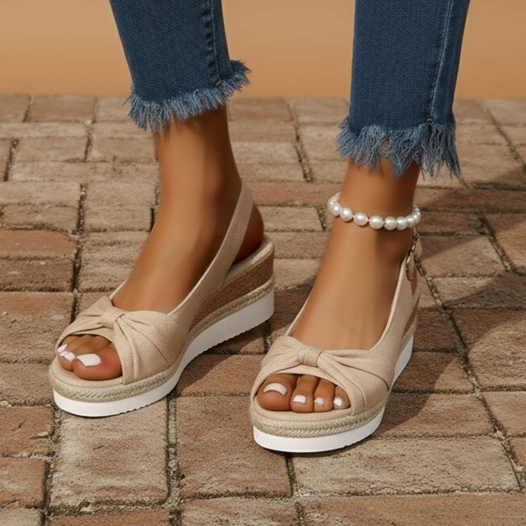 Women's Peep Toe Wedge Sandals - Knotted Vamp - Slingback Buckle Strap - Espadrille Platform Sole