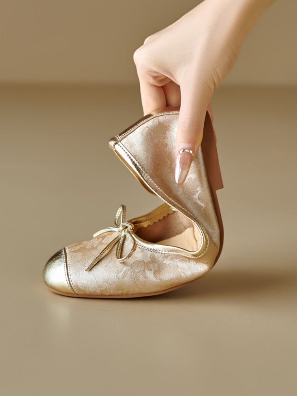 Women's Ballet Flats – Round Cap Toe Jacquard Slip-On with Metallic Bow Detail