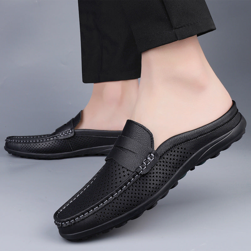 Men's Slip On Loafers Mule – Open Back Penny Tab Perforated Leather