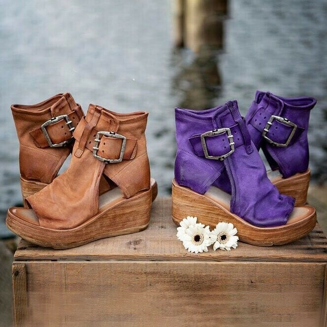 Women's Open Toe Wedge Sandals - Buckle Closure - Platform Ankle