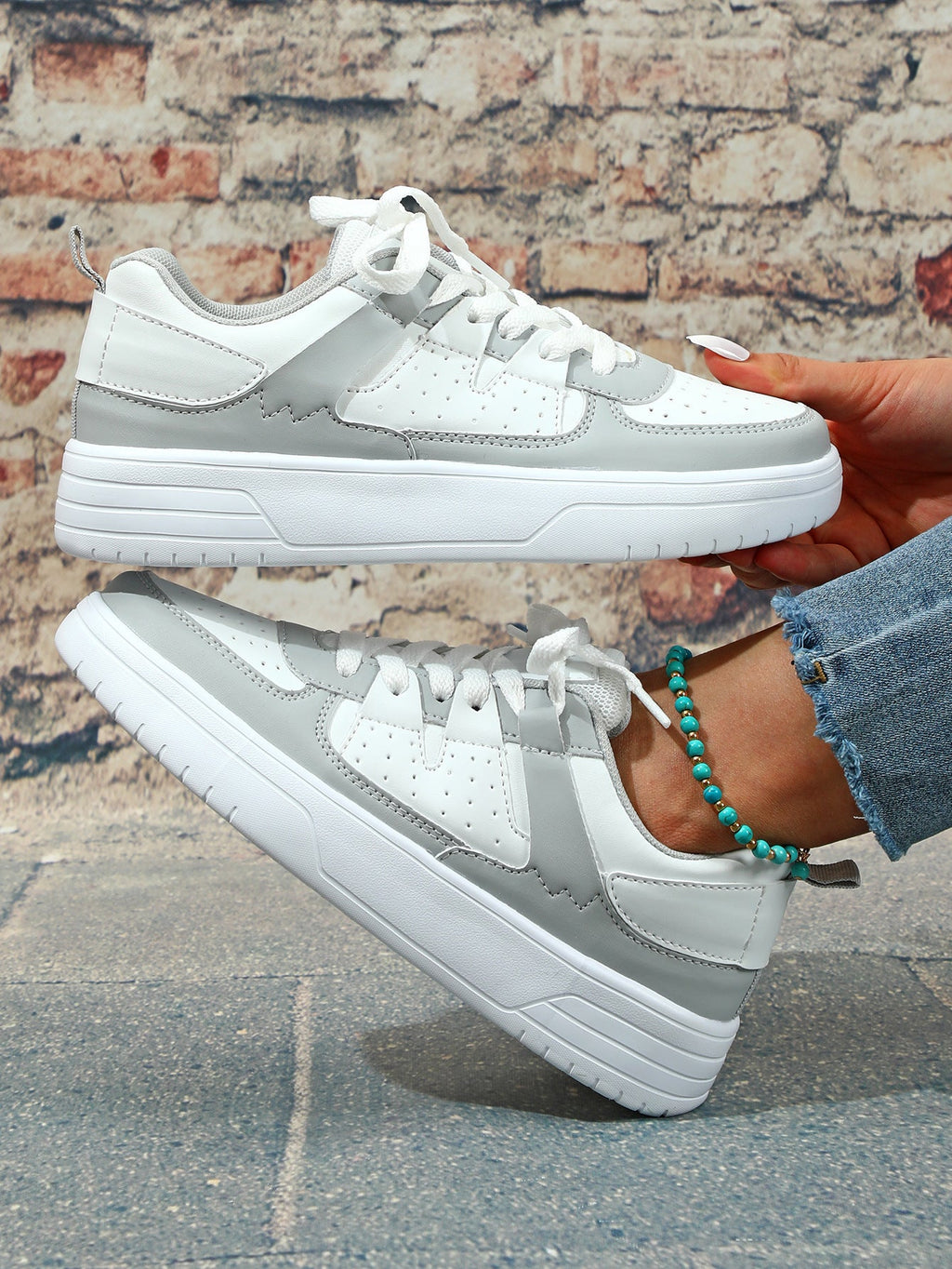 Women's Lace-Up Platform Sneakers - Low Top - Perforated Panel - Chunky Sole