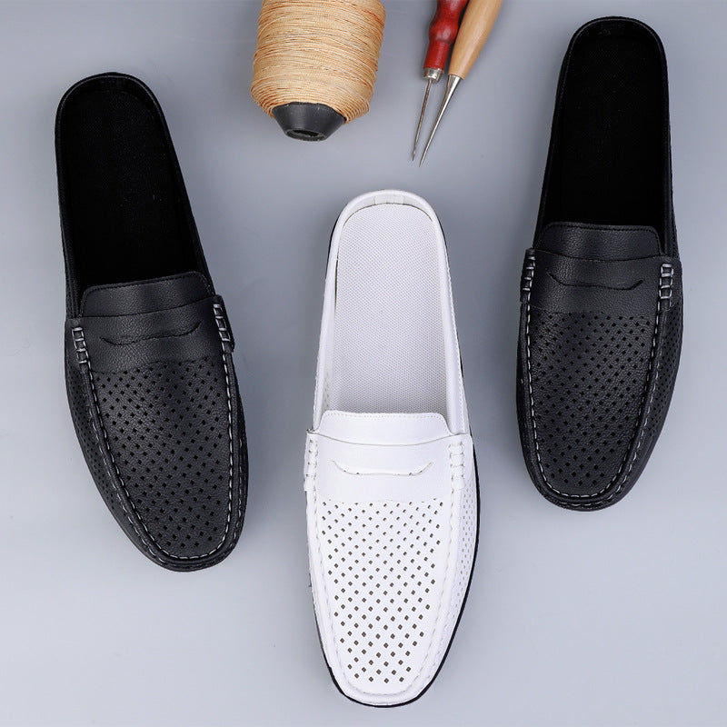Men's Slip On Loafers Mule – Open Back Penny Tab Perforated Leather