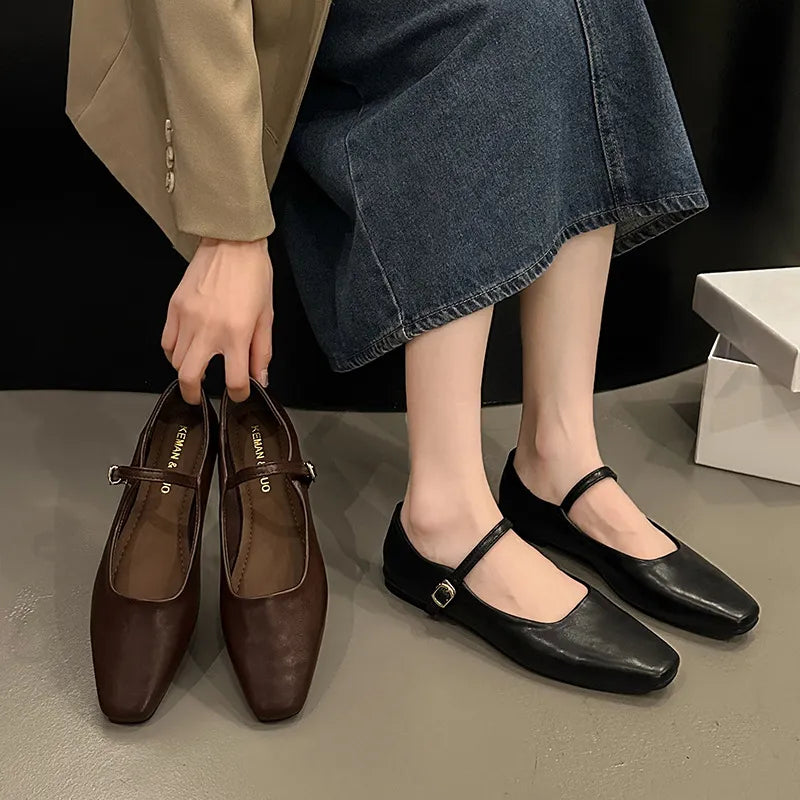 Women's Leather Ballet Flats – Square Toe Single Strap with Gold-Tone Pin Buckle