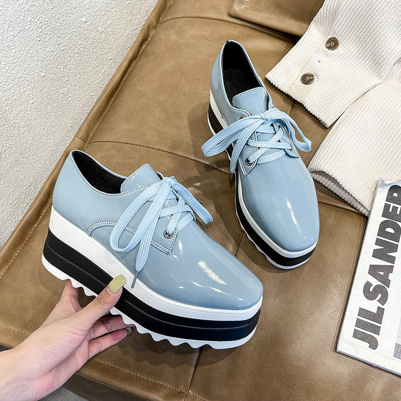 Women's Square Toe High Platform Sneakers - Lace-Up Patent