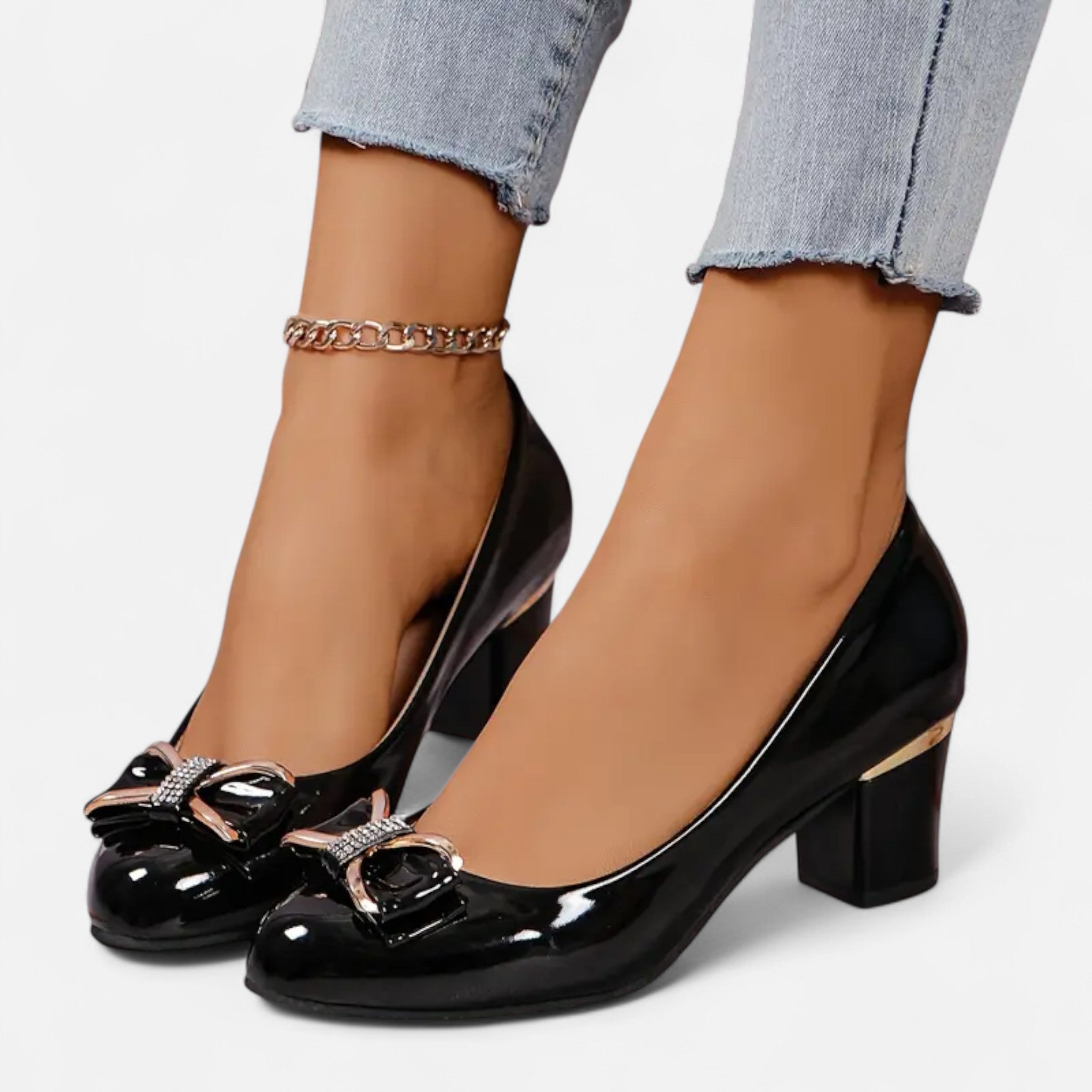 Women's Patent Leather Block Heels - Bow Detail - Rhinestone Accent