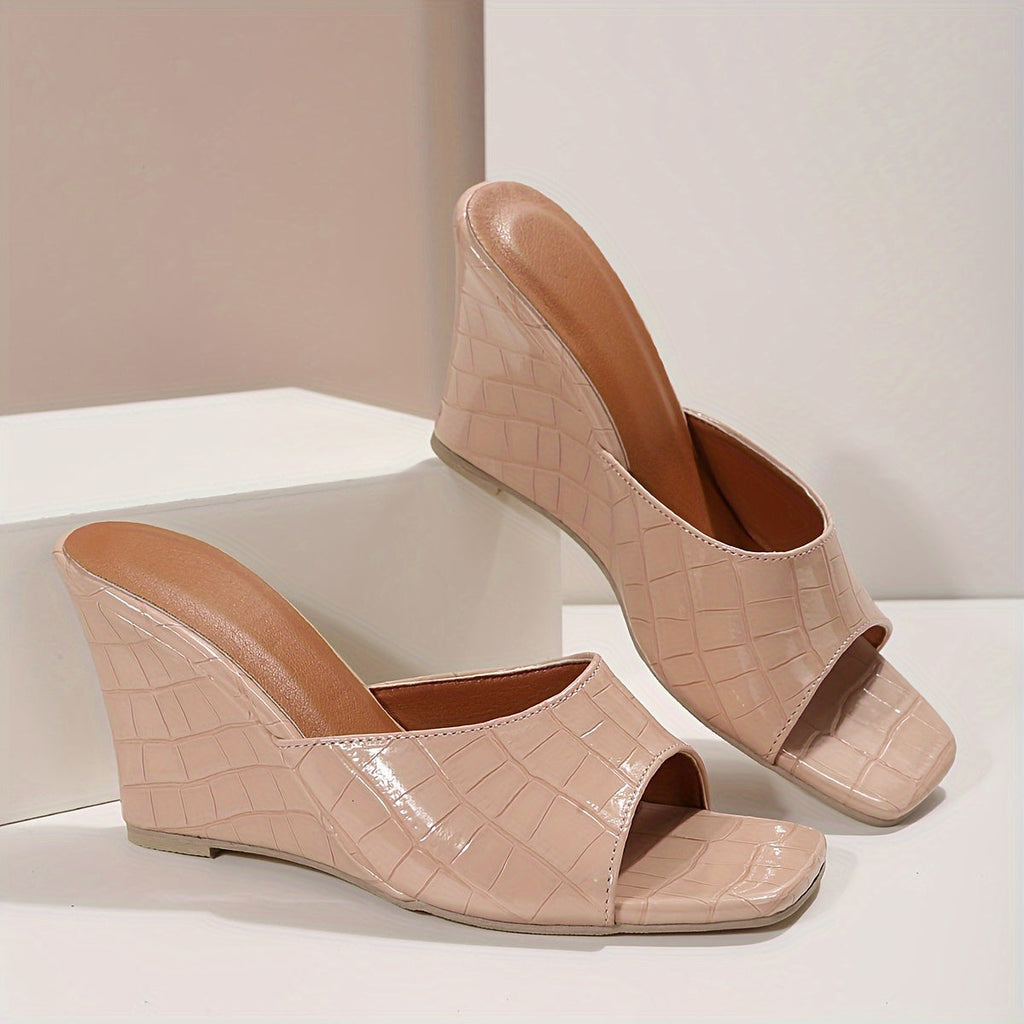 Women's Croc-Embossed Square Toe Wedge Slide Sandals
