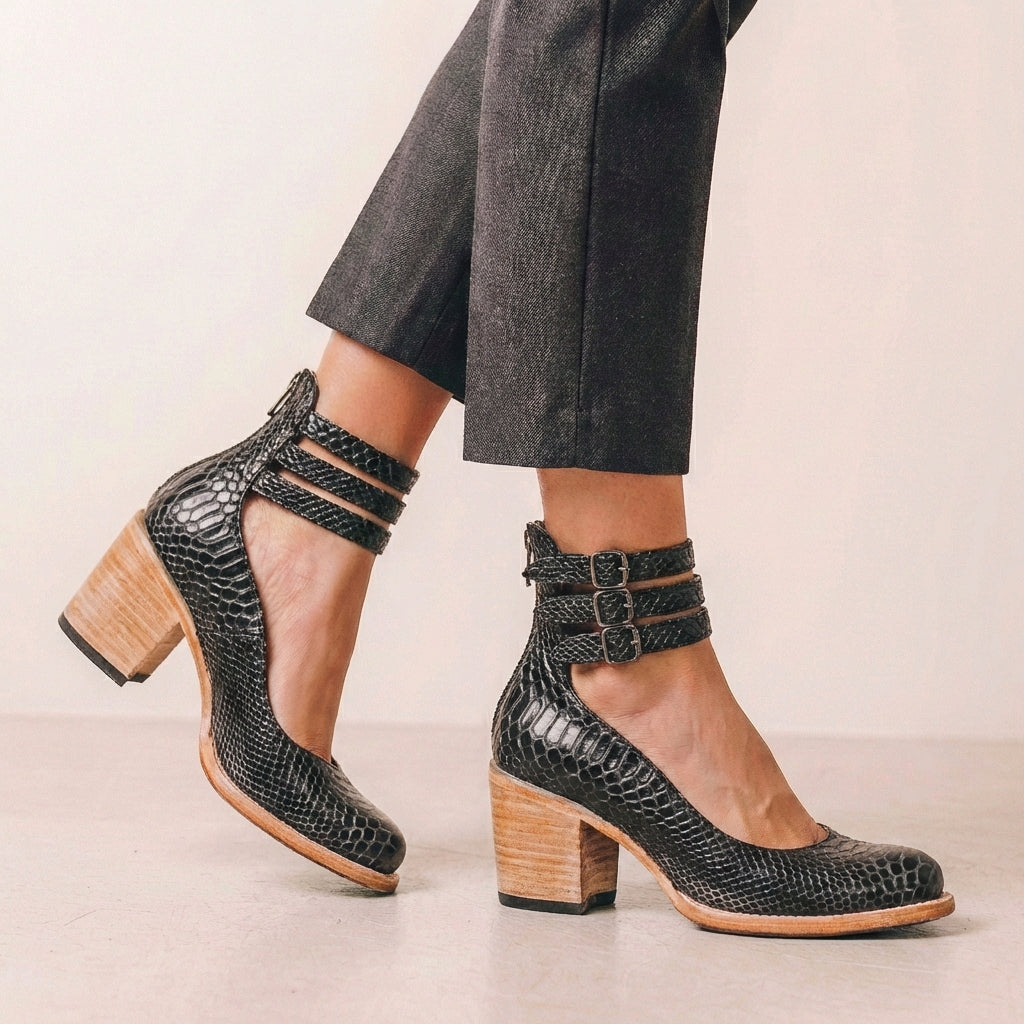Women’s Rounded Toe Block Heel Pumps with Buckled Ankle Straps and Cut-Out Sides