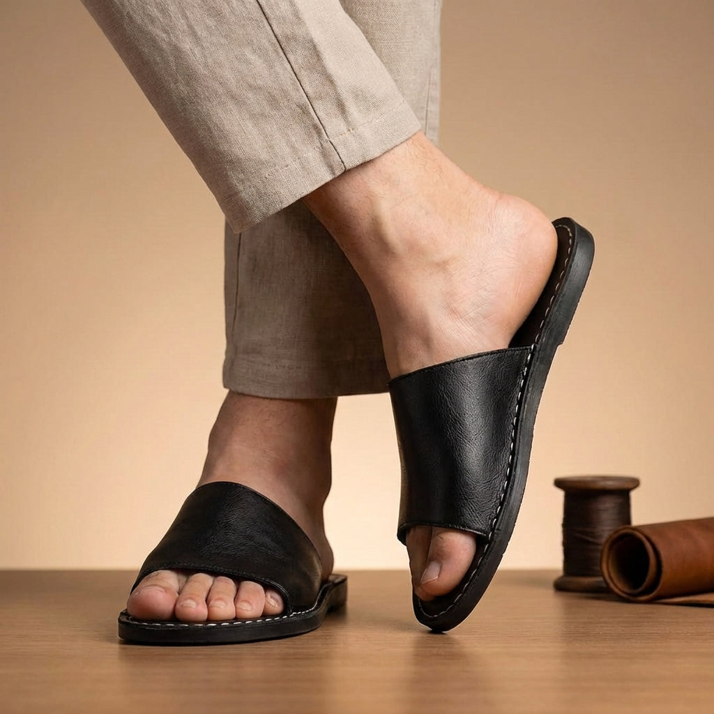 Men's Slide Sandals - Open Toe Single Band Slip-On - Flat Sole - Visible Topstitching Detail