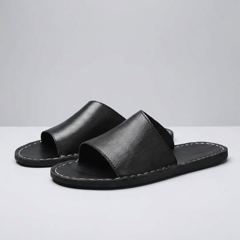 Men's Slide Sandals - Open Toe Single Band Slip-On - Flat Sole - Visible Topstitching Detail