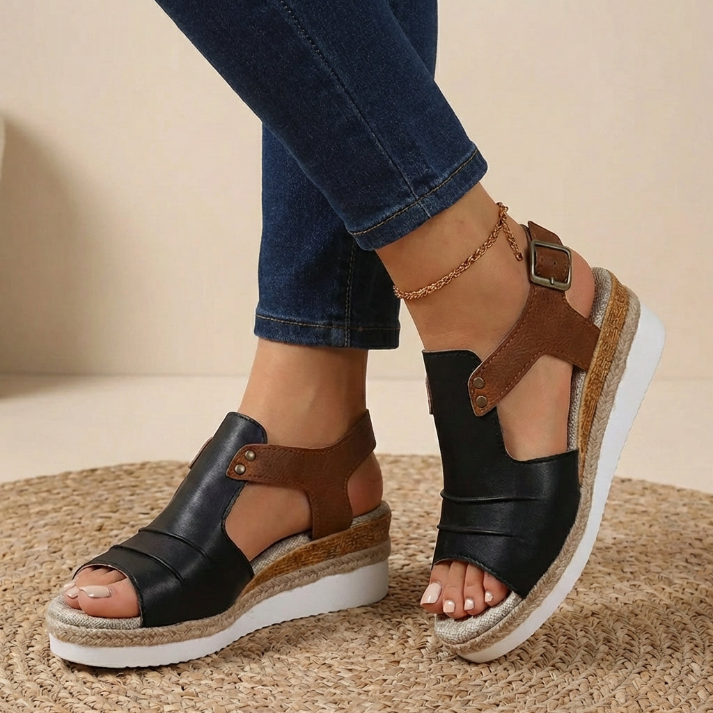 Women's Peep Toe Wedge Sandals - T-Strap Cutout Vamp - Slingback Buckle Strap - Espadrille Platform Sole