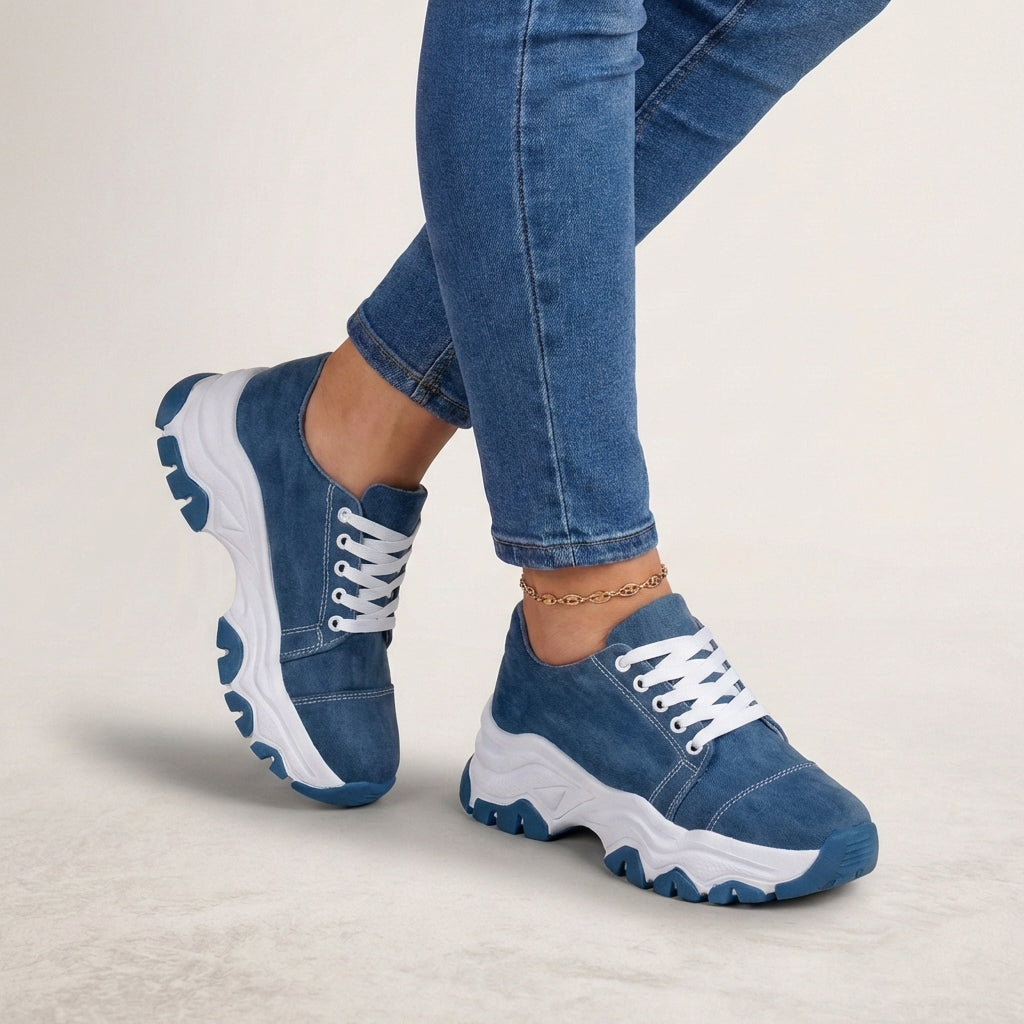 Women’s Lace-Up Low-Top Sneakers with Rounded Toe and Thick Sole