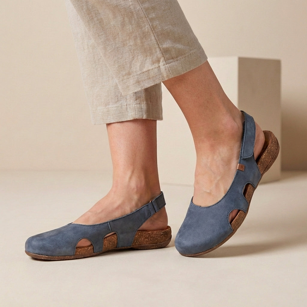 Women’s Rounded Toe Slingback Shoes with Cut-Out Sides and Cork-Style Sole