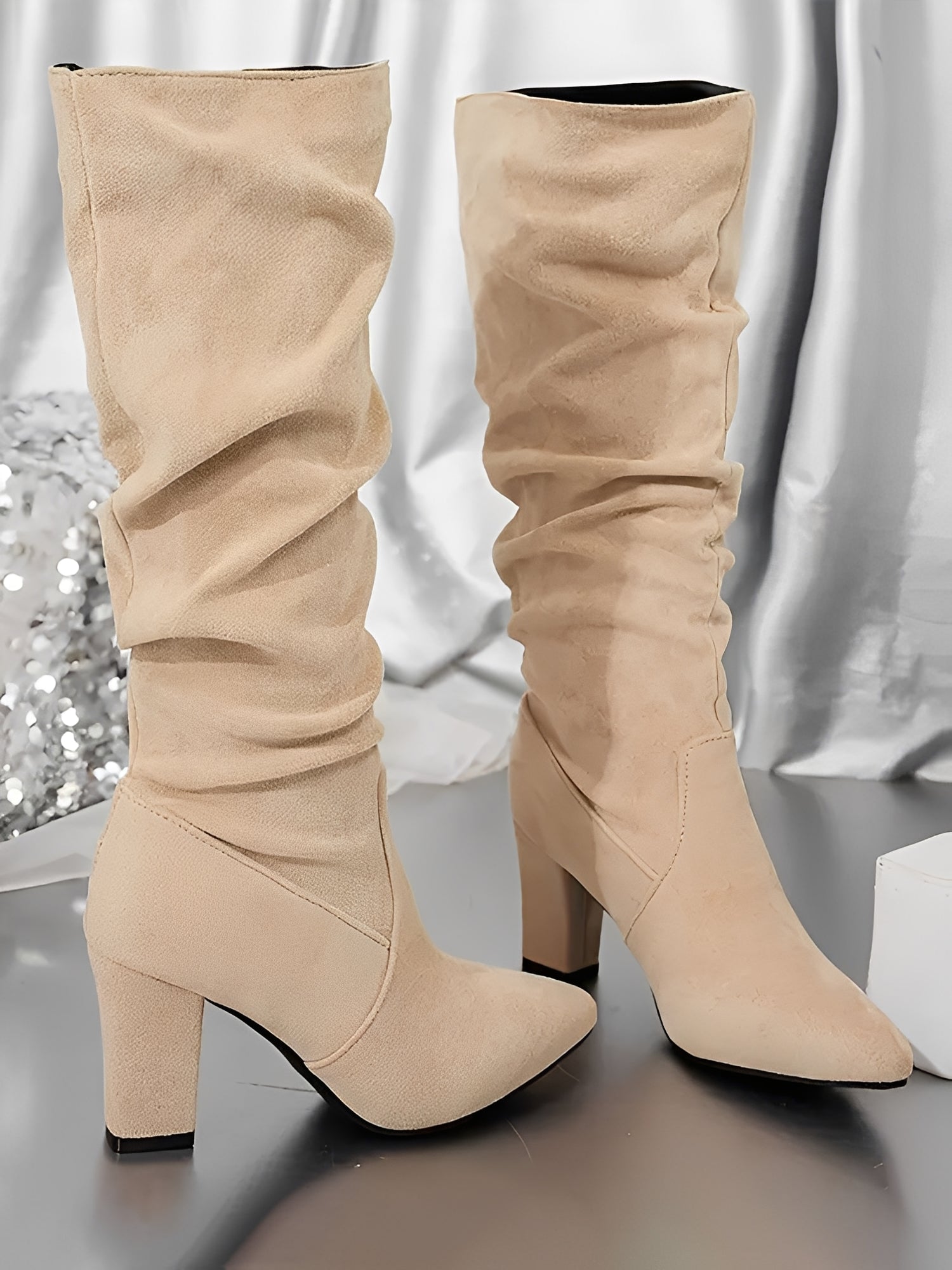 Women’s Knee-High Slouch Boots with Block Heel and Side Zip