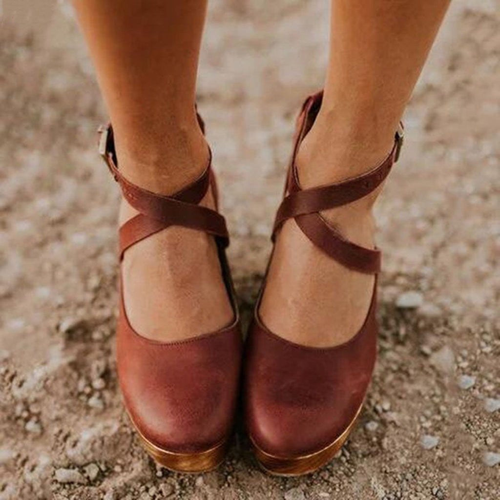 Women's Mary Jane Cross-Ankle Strap Platform Block Heels - Round Toe
