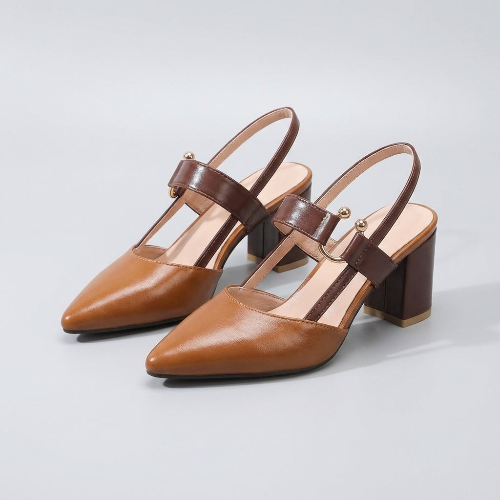 Women’s Pointed Toe Slingback Heeled Shoes with Block Heel and Strap Detail