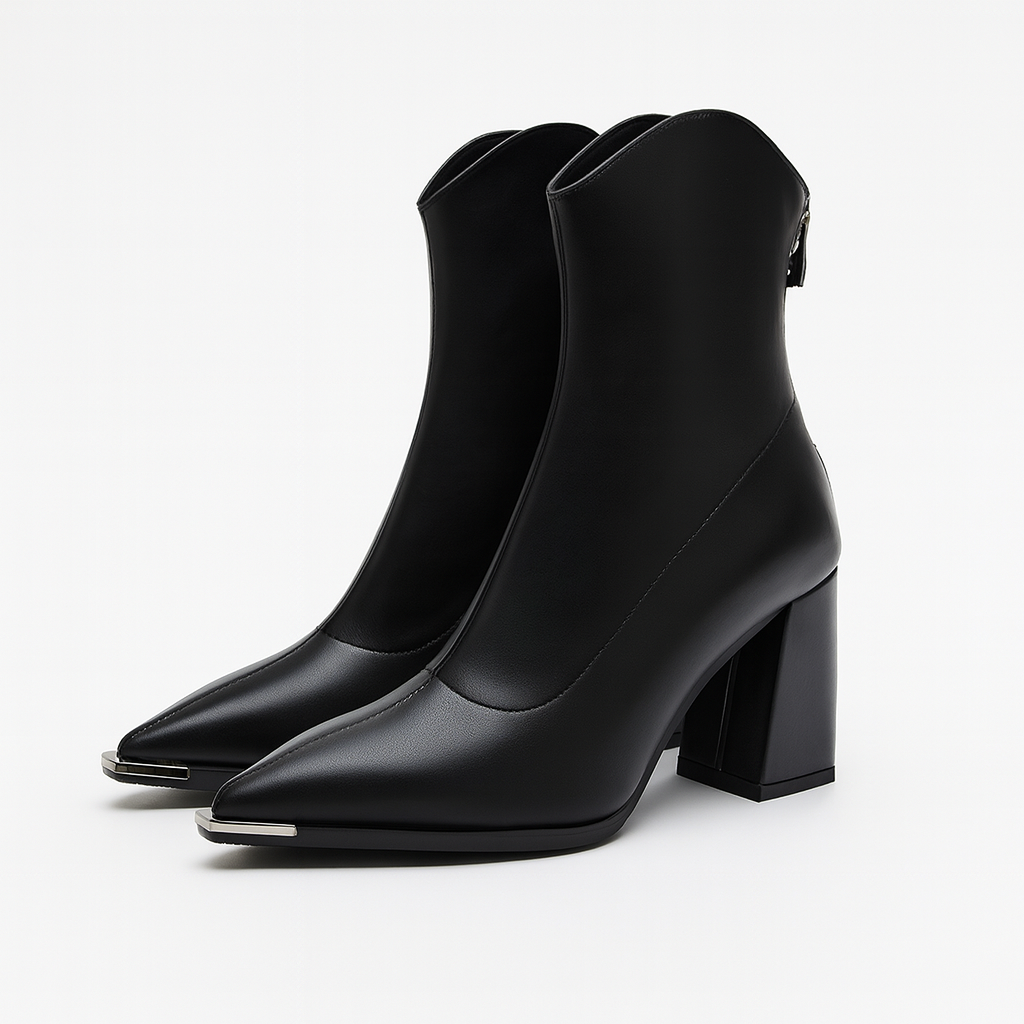 Women’s Ankle Boots with Pointed Toe, Block Heel, and Metallic Toe Detail