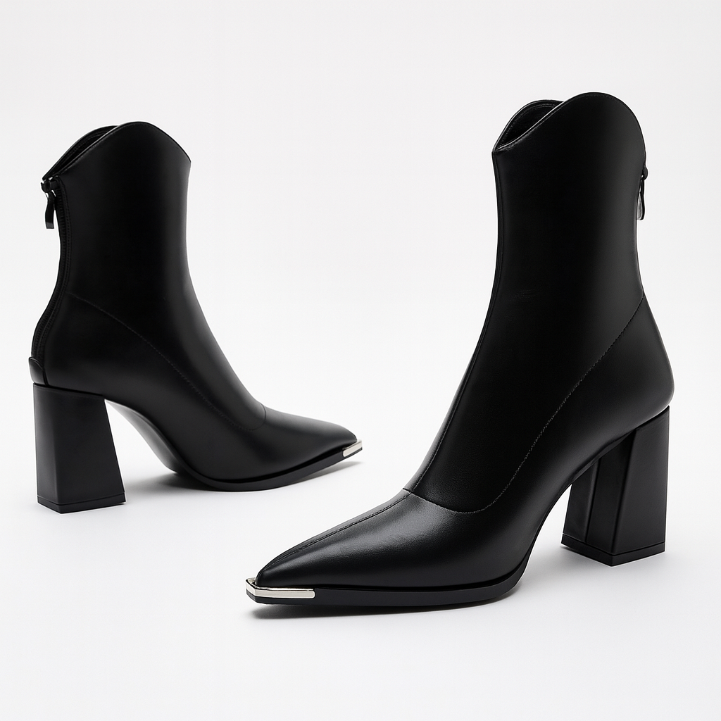 Women’s Ankle Boots with Pointed Toe, Block Heel, and Metallic Toe Detail