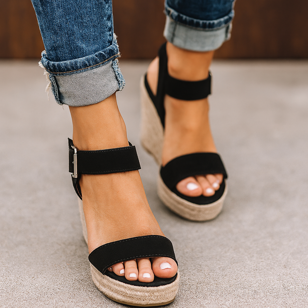 Women’s Open Toe Wedge Sandals with Ankle Strap and Platform Sole