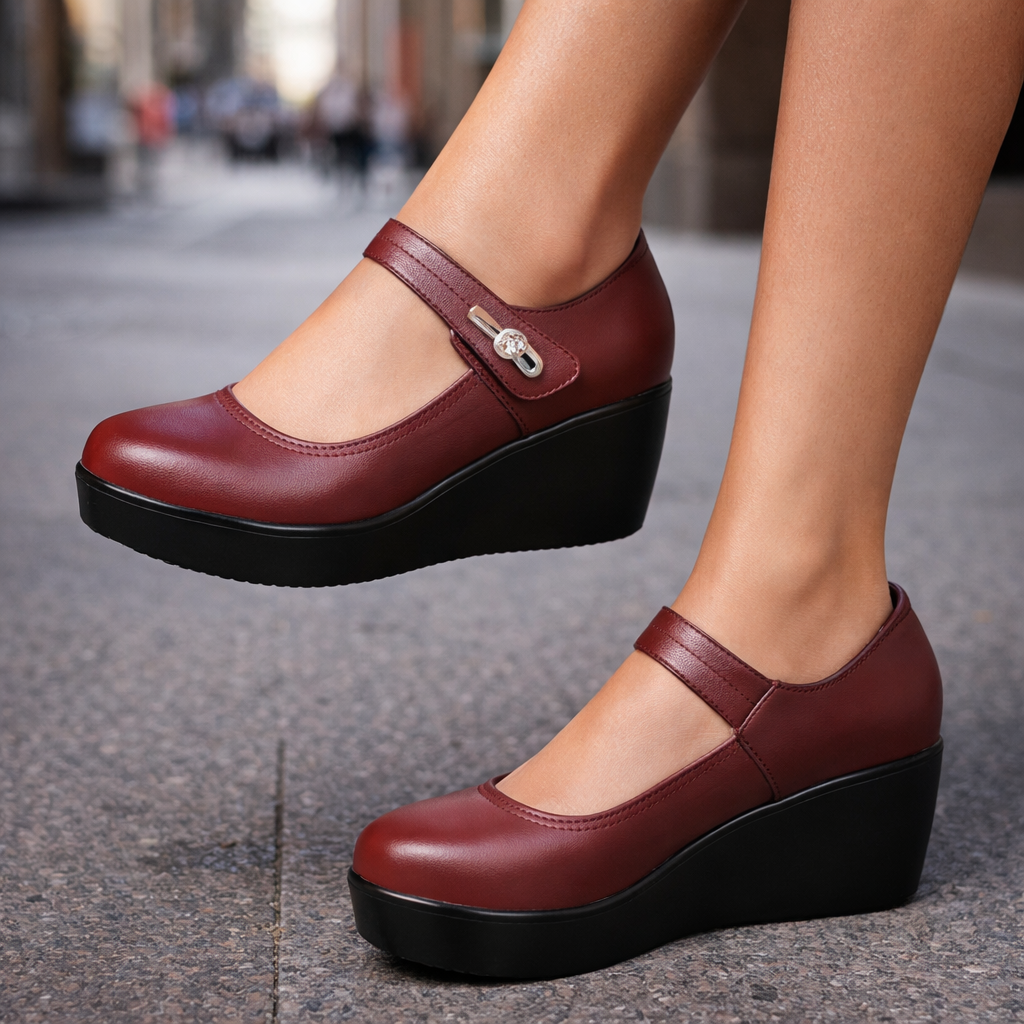 Women's Mary Jane Platform Wedge Heels with Silver Buckle