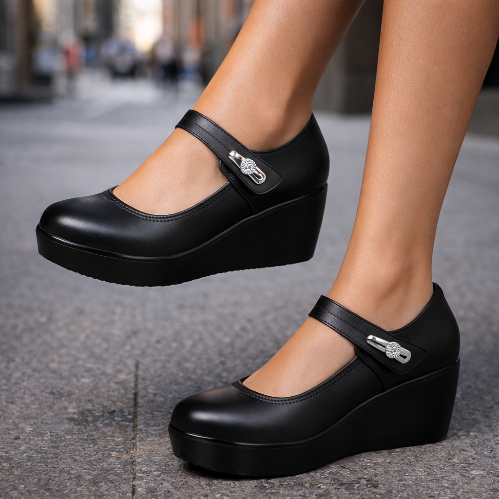 Women's Mary Jane Platform Wedge Heels with Silver Buckle