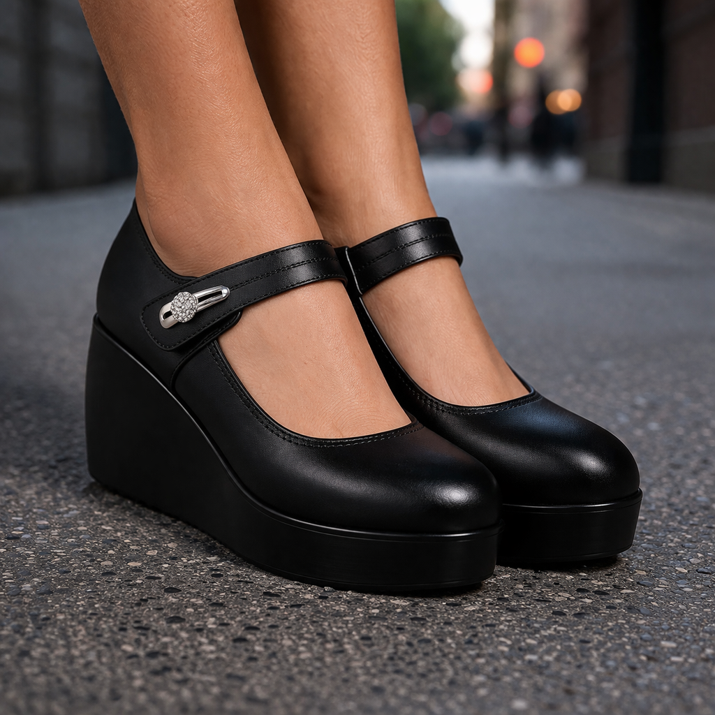 Women's Mary Jane Platform Wedge Heels with Silver Buckle