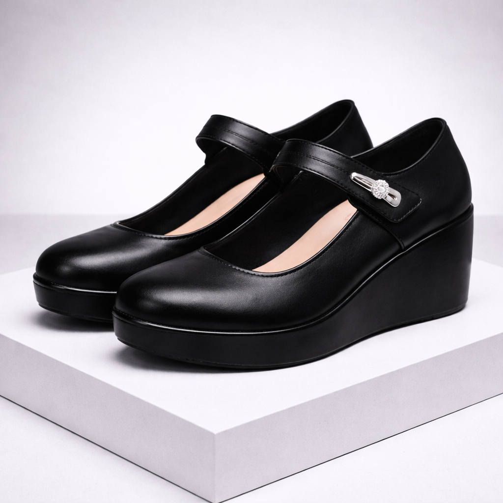 Women's Mary Jane Platform Wedge Heels with Silver Buckle