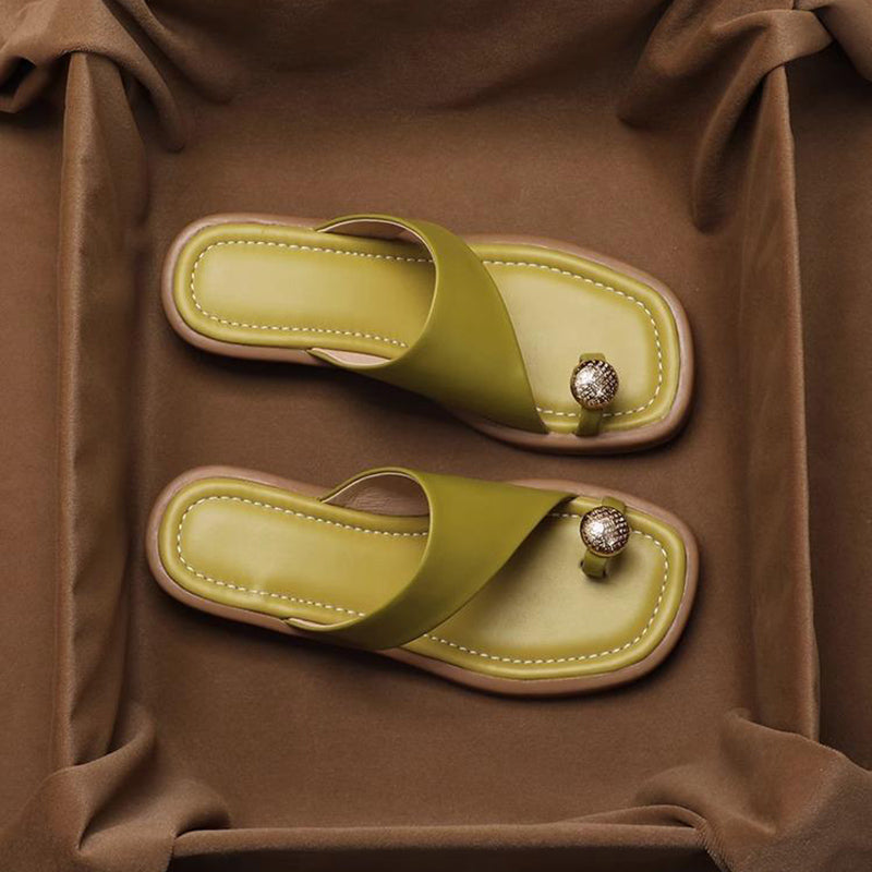 Women's Thong Sandals - Square Toe - Single Band - Metal Toe Post Detail