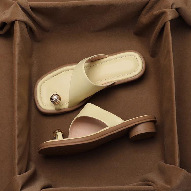 Women's Thong Sandals - Square Toe - Single Band - Metal Toe Post Detail