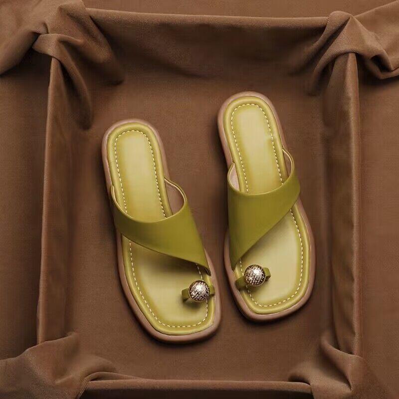 Women's Thong Sandals - Square Toe - Single Band - Metal Toe Post Detail