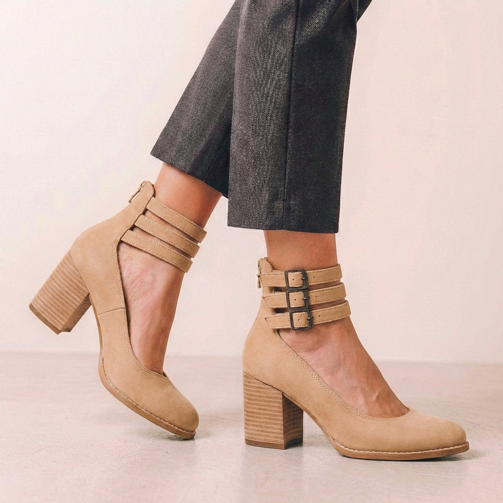 Women’s Rounded Toe Block Heel Pumps with Buckled Ankle Straps and Cut-Out Sides