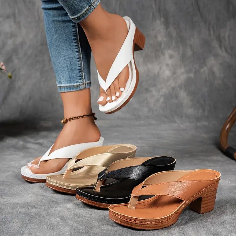 Women’s Open Toe Heel Sandals with V Strap and Block Heel